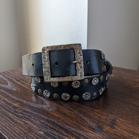 Nine West Accessories - Nine West Black Leather Silver Stud Flower Design Boho Moto Belt